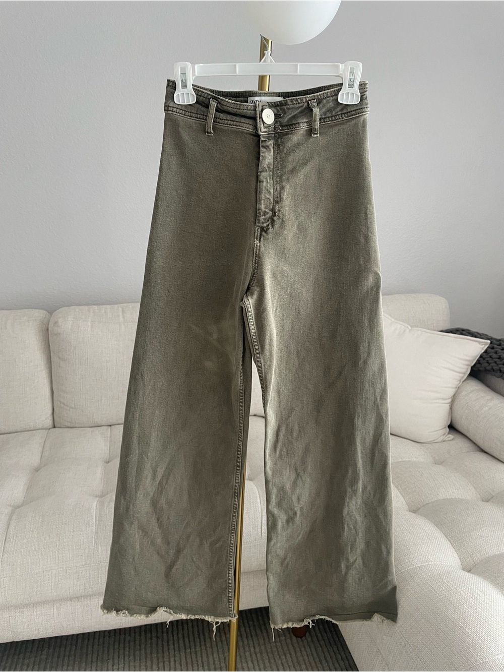 Zara Marine Wide Leg Cut Off Denim Pants Sage Olive Green *Imperfect*